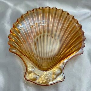 EUC IRIDESCENT AMBER CARNIVAL GLASS SEASHELL SHAPED TRINKET/CANDY/RELISH DISH